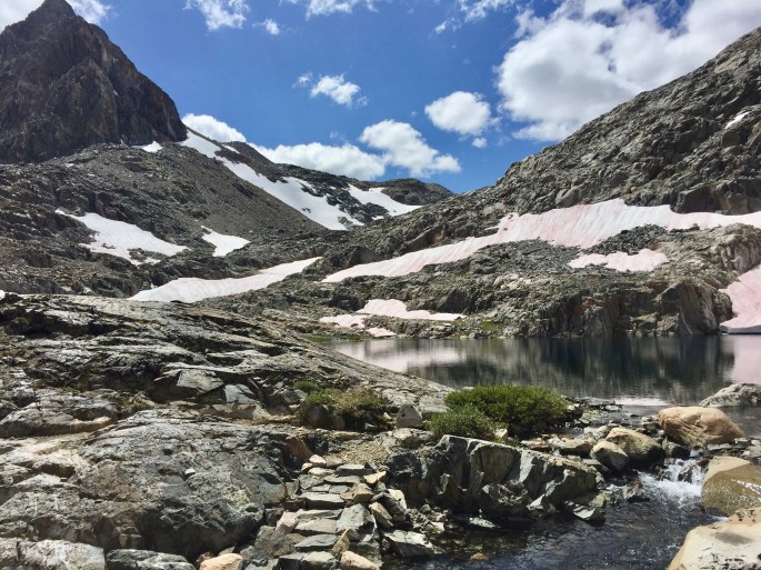 Let's see; what to we have in this picture?  A lake, mountains, snow fields that have lingered into September, a stream flowing from the lake and even some vegitation.  That's quite a scene.  But having reached my cutoff time, I was compelled to turn back and so never reached Muir Pass.  Sob!  It was a good place to get water, though.